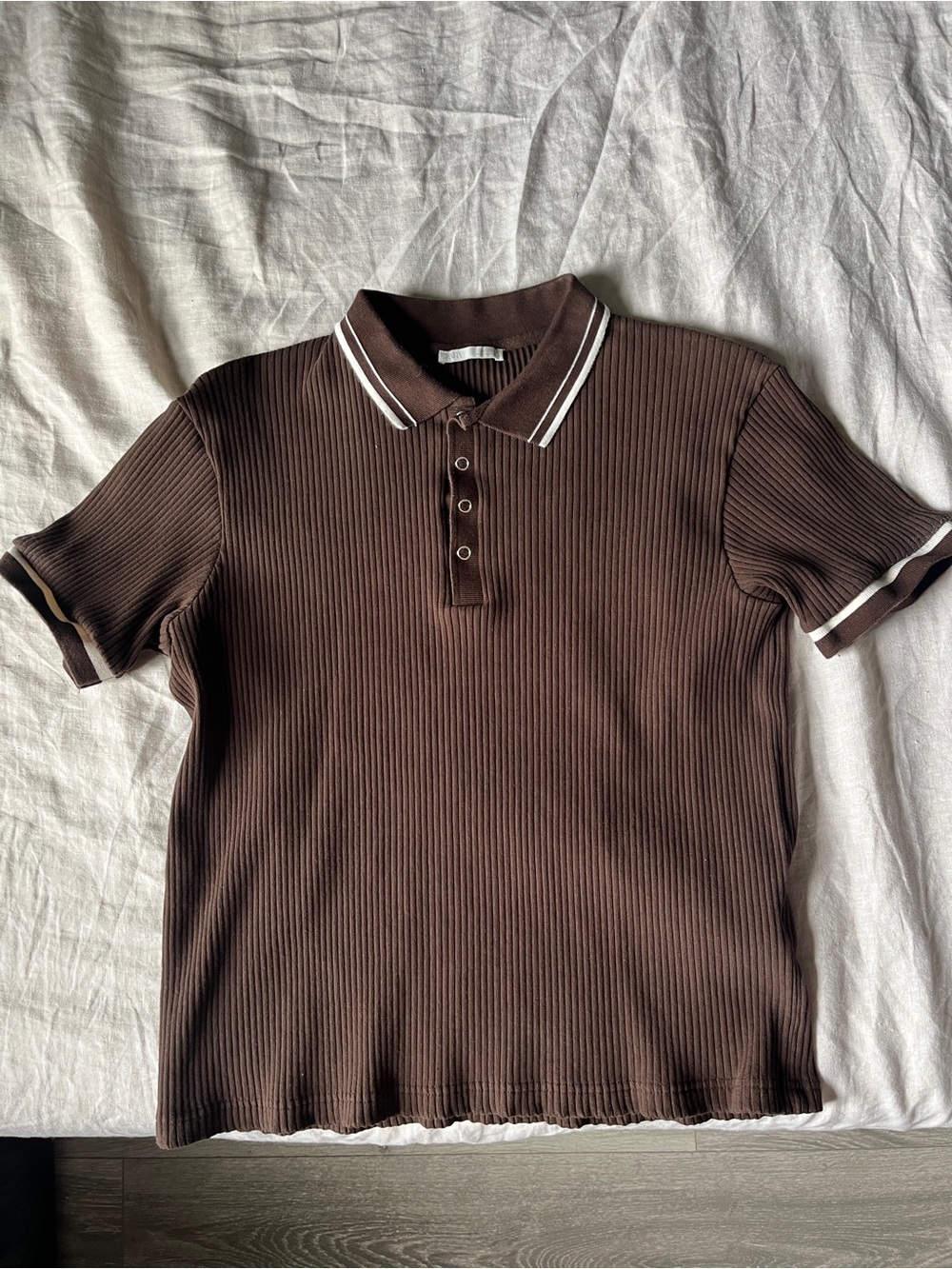 Zara Men's Brown Ribbed Polo with White Trim